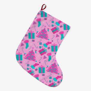 Grande Chaussette De Noël Sucre de canne de stockage de Noël rose présente