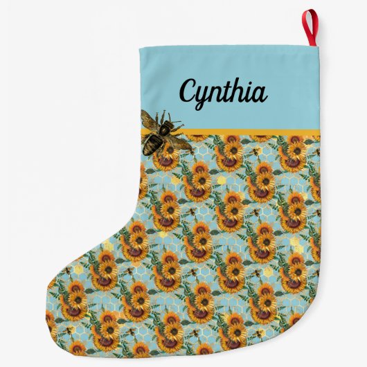 Grande Chaussette De Noël Sunflower Honeycomb et abeilles Turquoise et or (Dos)