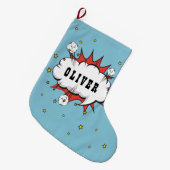 Grande Chaussette De Noël Superhero Comic Speech Bubble Boy Name (Devant (Accrochage))