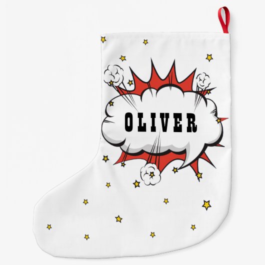 Grande Chaussette De Noël Superhero Comic Speech Bubble Boy Name (Dos)