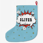 Grande Chaussette De Noël Superhero Comic Speech Bubble Boy Name (Dos)