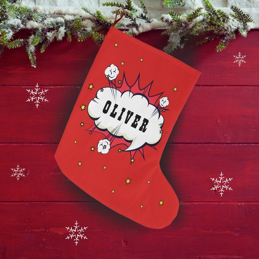 Grande Chaussette De Noël Superhero Comic Speech Cloud Nom du garçon