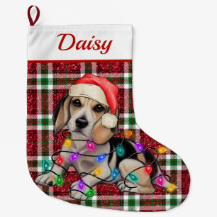 Grande Chaussette De Noël Tartan à paillettes de Noël Beagle