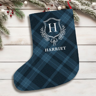 Grande Chaussette De Noël Tartan initial du monogramme bleu plaqué