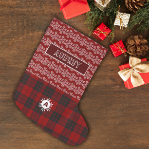 Grande Chaussette De Noël Tartan Rouge à Carreaux Flocon de Neige Monogramme