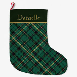 Grande Chaussette De Noël Tartan vert foncé et noir