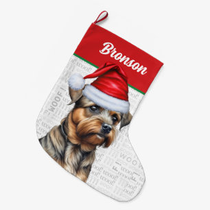 Grande Chaussette De Noël Terrier frontalier de Noël avec le nom Woof Arrièr