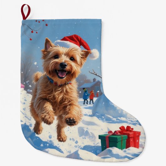 Grande Chaussette De Noël Terrier rouillé en neige avec Casquette de Noël (Devant)