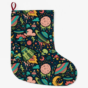 Grande Chaussette De Noël Texture Motifs Aliens Rockets Space