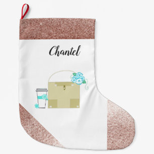 Grande Chaussette De Noël Thème Fille Paillettes Or Rose Faux