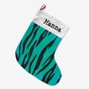 Grande Chaussette De Noël Tiger noir et Turquoise