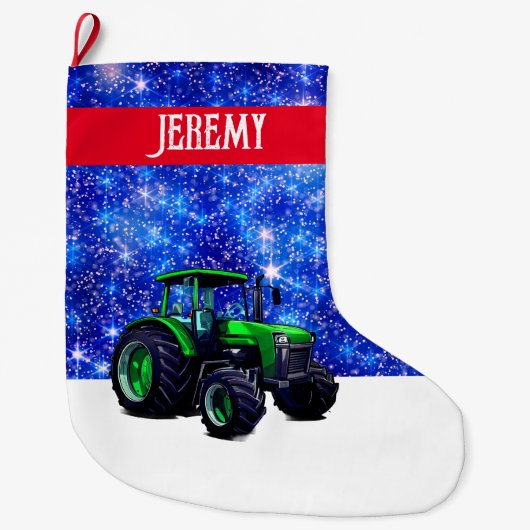 Grande Chaussette De Noël Tracteur vert moderne sur bleu (Devant)