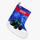 Grande Chaussette De Noël Tracteur vert moderne sur bleu (Devant (Accrochage))