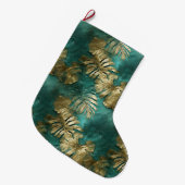 Grande Chaussette De Noël Tropical Gold Emerald Feuilles verts (Devant (Accrochage))