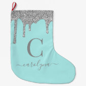 Grande Chaussette De Noël Turquoise Aqua Silver Éperche Parties scintillant  (Devant)