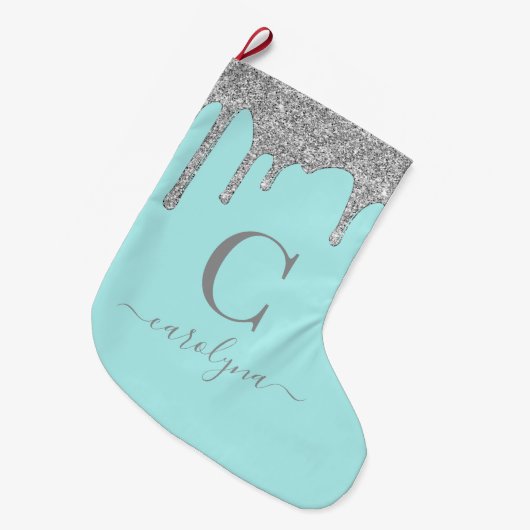 Grande Chaussette De Noël Turquoise Aqua Silver Éperche Parties scintillant  (Devant (Accrochage))
