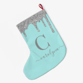 Grande Chaussette De Noël Turquoise Aqua Silver Éperche Parties scintillant  (Dos (Accrochage))