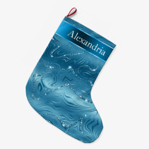 Grande Chaussette De Noël Turquoise Blue Aqua Glam Glitz Nom de Noël