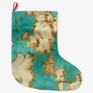 Grande Chaussette De Noël Turquoise Brown Cream Animal Cowhide Western