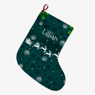 Grande Chaussette De Noël Turquoise Père Noël Sleigh & Reindeer Stocking
