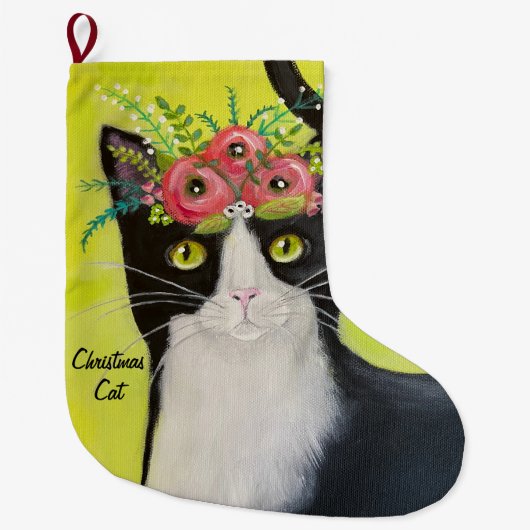 Grande Chaussette De Noël Tuxedo Chat Whimsical Art (Devant)