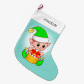 Grande Chaussette De Noël Un elfe de Noël mignon moderne sur bleu clair (Devant (Accrochage))