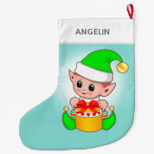 Grande Chaussette De Noël Un elfe de Noël mignon moderne sur bleu clair (Dos)