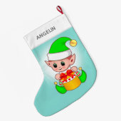 Grande Chaussette De Noël Un elfe de Noël mignon moderne sur bleu clair (Dos (Accrochage))