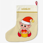 Grande Chaussette De Noël Un elfe de Noël mignon moderne sur le sable beige (Dos)