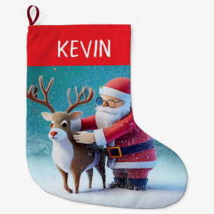 Grande Chaussette De Noël Un joli Santa joyeux et Rudolf dans la neige
