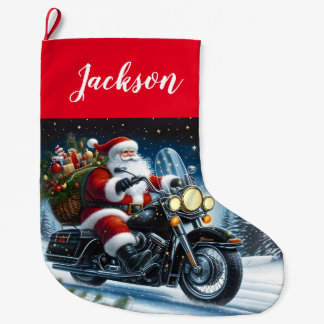 Grande Chaussette De Noël Un Père Noël amusant à cheval sur une moto