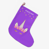 Grande Chaussette De Noël Unicorn Fleurs & Étoiles sur Violet (Devant (Accrochage))