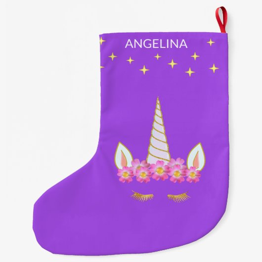 Grande Chaussette De Noël Unicorn Fleurs & Étoiles sur Violet (Dos)