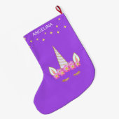 Grande Chaussette De Noël Unicorn Fleurs & Étoiles sur Violet (Dos (Accrochage))