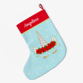 Grande Chaussette De Noël Unicorne, Poinsettia Fleurs & Étoiles sur Bleu cla (Dos (Accrochage))