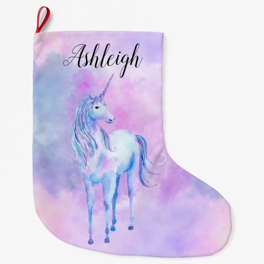 Grande Chaussette De Noël Unicorne rose pourpre Nom de l'aquarelle (Devant)