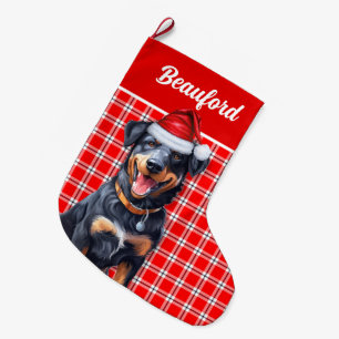 Grande Chaussette De Noël Vacances Beauceron rouge Plaid avec le nom du chie