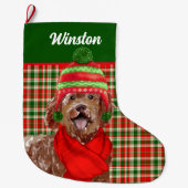 Grande Chaussette De Noël Vacances Brown Labradoodle Plaid et Nom du chien (Devant)