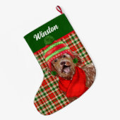 Grande Chaussette De Noël Vacances Brown Labradoodle Plaid et Nom du chien (Dos (Accrochage))