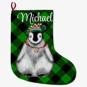 Grande Chaussette De Noël Vacances festives mignonnes Pingouin vert noir pla