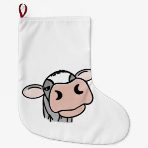 Grande Chaussette De Noël vache de dessin animé noir blanc rose baiser gris