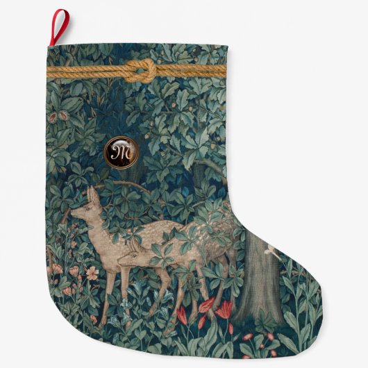 Grande Chaussette De Noël VERDURE, ANIMAUX FORESTIERS et Monogramme (Devant)