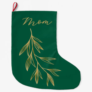 Grande Chaussette De Noël Vert chasseur avec feuille graphique dorée nommée