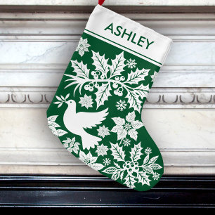 Grande Chaussette De Noël Vert Noël Toile Colombe de la Sainte Famille et Po