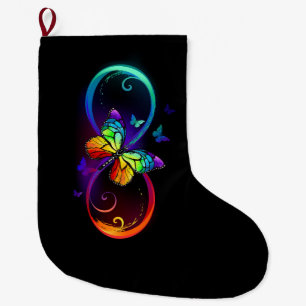 Grande Chaussette De Noël Vibrant infinity with rainbow butterfly on black