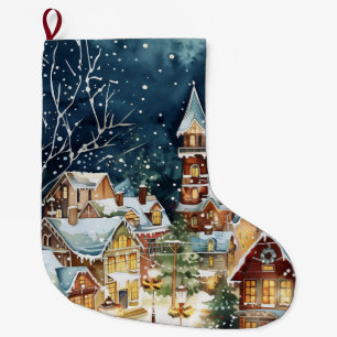 Grande Chaussette De Noël Ville de Noël illustrative dans la neige
