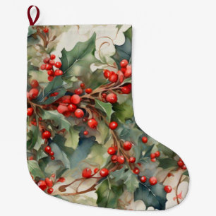Grande Chaussette De Noël Vintage aquarelle sainte baies feuilles