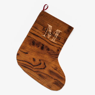 Grande Chaussette De Noël Vintage bois brun brun roux Monogramme