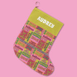Grande Chaussette De Noël Vintage Word Collage 1970s Style Personnalisé<br><div class="desc">Ajoutez un peu de joie à vos cadeaux de Noël avec ce bas à motifs avec un collage de salutations de Noël et des paroles dans une palette de couleurs seventies style rose, orange, rouge, vert et vert citron. Votre nom apparaît en haut dans le style rétro en lettres blanches...</div>