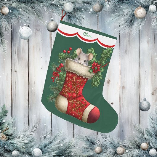 Grande Chaussette De Noël Visite de la souris gris mignonne